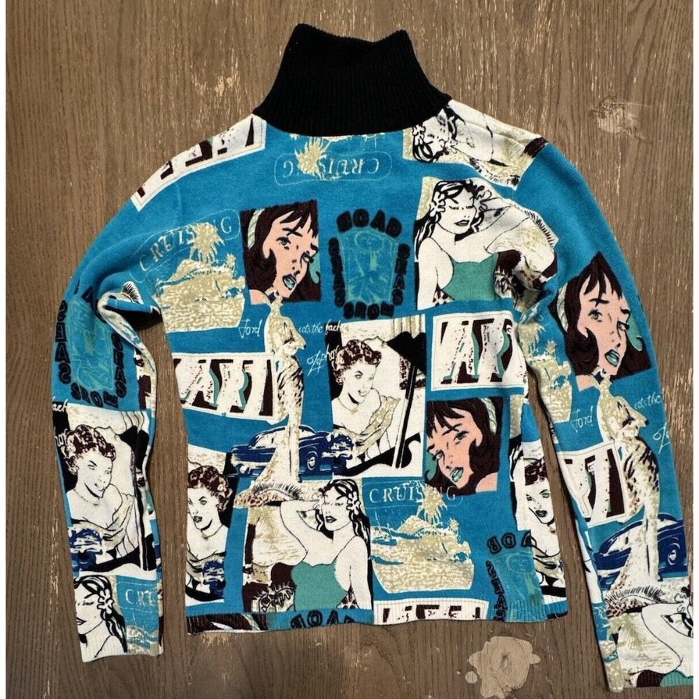 vtg noun Paris full zip cardigan Sweater Jacket Sequin Pin Up Girl Aqua Retro To - Picture 14 of 14